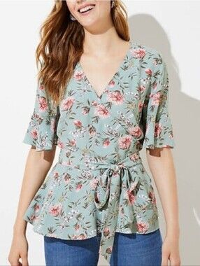 🐢Loft Size LARGE Floral Wrap Peplum Top - Sage Green EUC